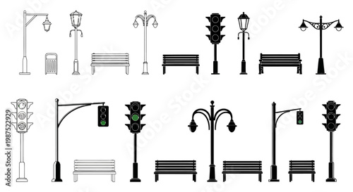 Street furniture and traffic signal vector icons outline and silhouette set EPS10