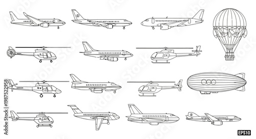 Simple Outline Vector Set of Airplanes Helicopters and Airships