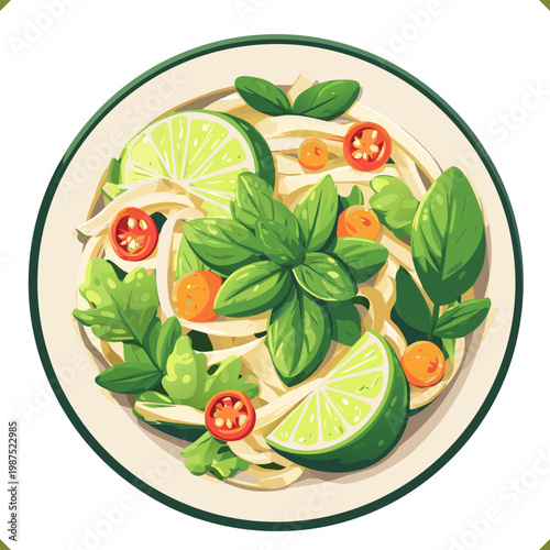 Vector illustration of Thai green salad som tum with lime slices, chili peppers, and fresh herbs in a bowl, top view, isolated on a white background