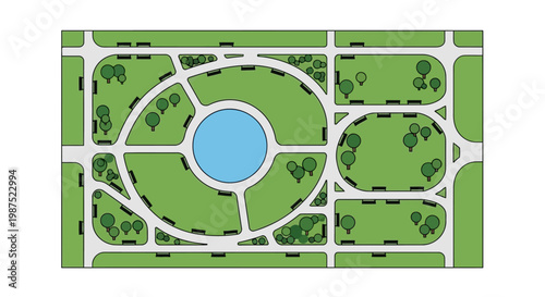 Simple flat design overhead park plan with central pond trees and benches EPS10