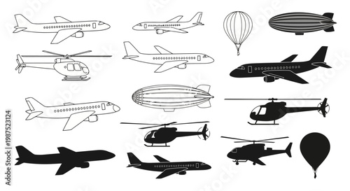 Outline and silhouette aircraft icons planes helicopters airships balloons EPS10