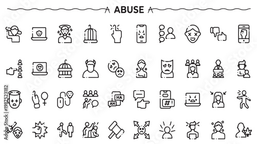 Abuse Icons Set, Bullying, Harassment and Mental Health Awareness Line Symbols