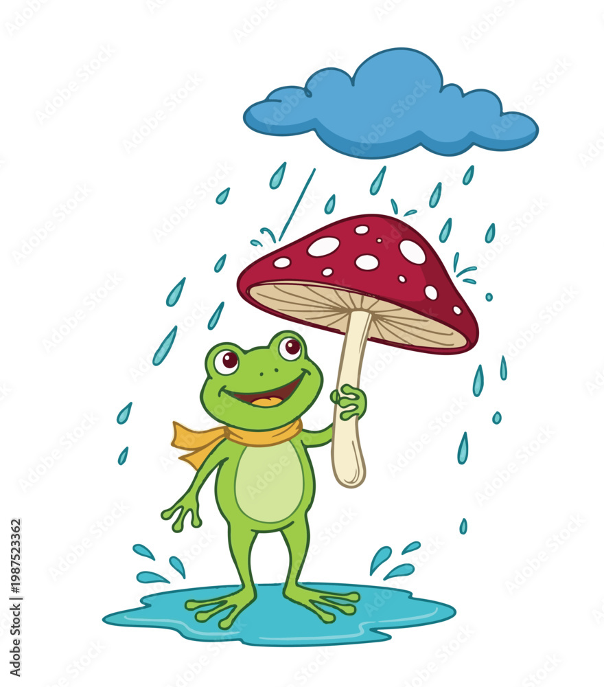 Obraz premium Cartoon style funny frog holding up mushroom umbrella