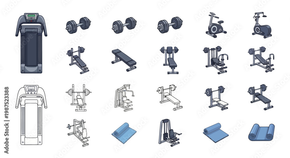 Fototapeta premium Gym and Fitness Equipment Cartoon Line Art Icons Set