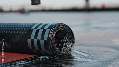 Heating and unrolling waterproof roofing membrane on flat roof close up