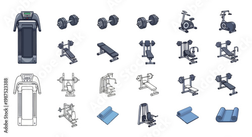 Gym and Fitness Equipment Cartoon Line Art Icons Set