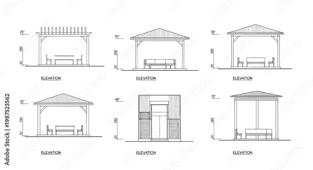 Fototapeta premium Architectural Elevation Drawings of Outdoor Pergolas Gazebos and Garden Structures