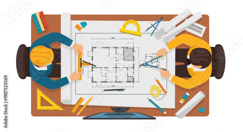 Architects Designing House Blueprint Top View Professional Architectural Planning