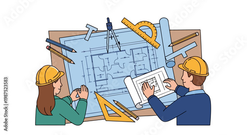 Architects Collaborating on Construction Blueprint Design Professional Team Planning