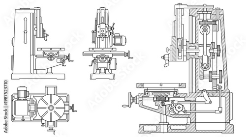 Slotting Machine Industrial Tool Technical Drawing Blueprint, Front Side Top and Internal Cross-Sectional Views Line Art Vector