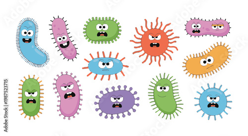 Set of cartoon microbes and bacteria, colorful viruses, germs, and pathogens in a flat style, vector illustration.