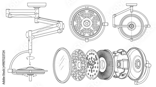 Surgical Lamp Medical Equipment Technical Drawing Blueprint, Front Side Top and Internal Cross-Sectional Views Line Art Vector