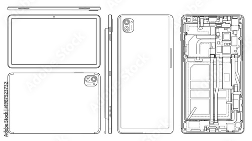 Tablet Computer Technology Technical Drawing Blueprint, Front Side Top and Internal Cross-Sectional Views Line Art Vector