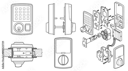 Smart Door Lock Home Security Technical Drawing Blueprint, Front Side Top and Internal Cross-Sectional Views Line Art Vector