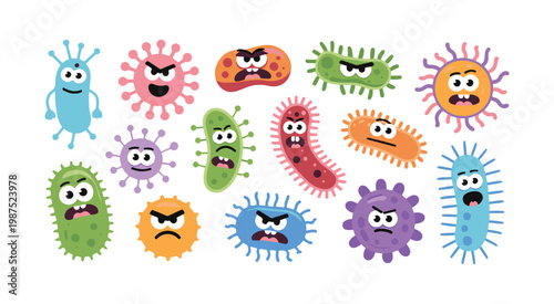 Nasty microbes and germs vector set with varied expressions including angry and shocked faces for medical visuals.