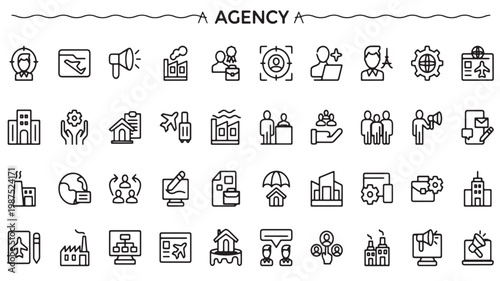 Business Line Icons Set, Agency, Marketing, Finance and Technology Symbols for Corporate Branding, Consulting and Strategy