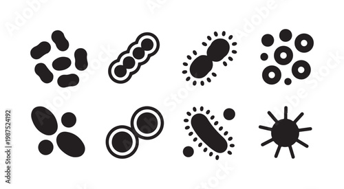 Collection of stylized icons depicting various types of bacteria and viruses isolated on white background.