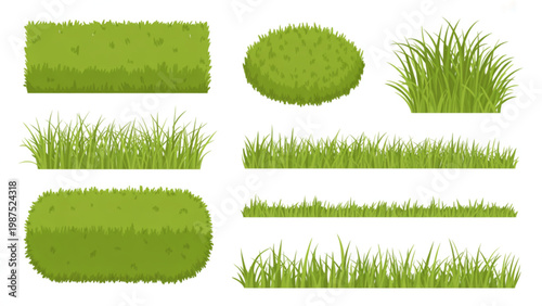 Green Grass Lawn Vector Set – Realistic Turf Patches and Natural Ground Cover Illustration Collection
