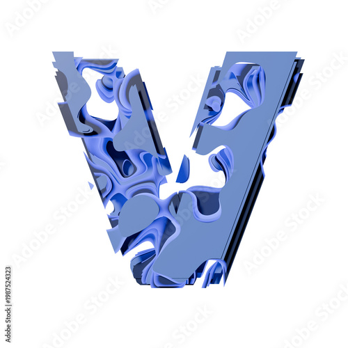 Blue organic layered holes font Letter V 3D