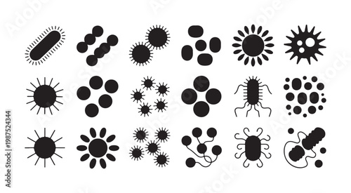 Microscopic life forms icons featuring various bacterial shapes and viral structures for scientific research themes.