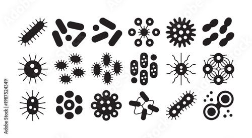Detailed germ and microbe icon set showcasing diverse shapes of pathogens and cellular organisms for digital content.