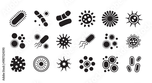 Black and white virus silhouettes representing different types of infections and bacterial colonies for publications.