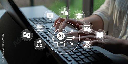 Photos Close-up view of hands typing on a keyboard, surrounded by icons representing AI and educational tools, showcasing technology role in modern learning environments