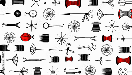 Intricate Patterns of Sewing Tools and Abstract Designs in Black and Red on White Background