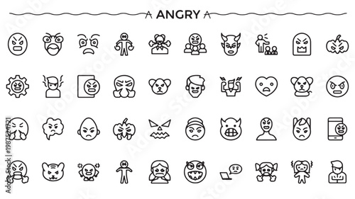 Angry Emoticon Icons Set, Angry Emoji Faces and Negative Emotion Symbols for Messaging, UI, Social Media and Feedback