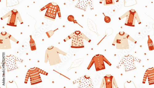 Seamless Pattern Featuring Cozy Autumn Sweaters and Festive Seasonal Elements in Warm Tones