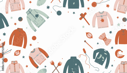 Whimsical Autumn Knitting Theme Featuring Cozy Sweaters, Yarn Balls, and Seasonal Elements Framing a White Background for Craft and DIY Enthusiasts