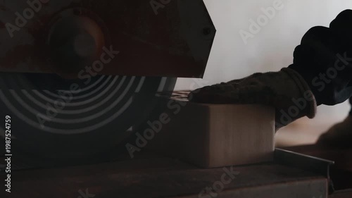 Worker cutting brick with circular saw in workshop close up