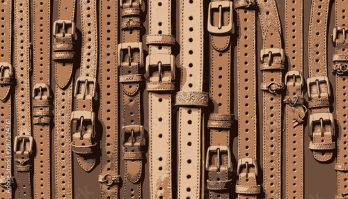 Diverse Collection of Leather Belts with Intricate Buckles Displayed Horizontally on a Unique Wooden Wall for Fashion and Style Inspiration