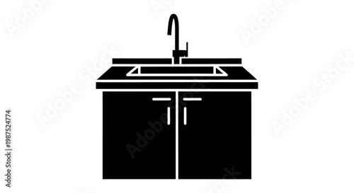 Black silhouette of a kitchen sink and cabinet set shown frontally