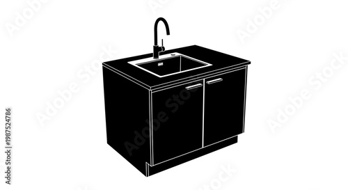 Minimalist black and white rendering of a small kitchen sink cabinet