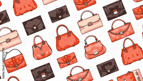 Collection of Stylish Handbags Showcasing Various Designs and Different Shades of Red, Pink, and Black Leather Accessories for Fashion Enthusiasts
