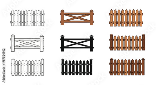 Collection of wooden picket fences in varying styles and colors