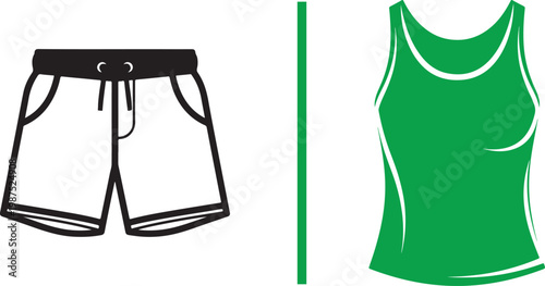 Flat design vector illustration of athletic shorts and a green tank top for sports apparel icons