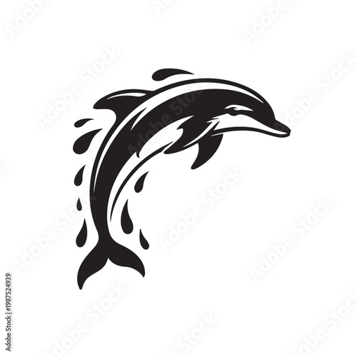 Jumping Dolphin Silhouette Vector Illustration with Water Splashes
