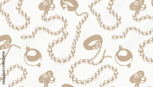 Elegant Arrangement of Pearl Necklaces and Gold Rings with Diamonds Adorning a Luxurious Layout on a White Background for Stylish Fashion Inspiration