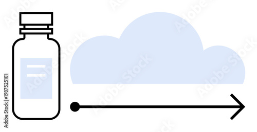 Cloud storage, digital transformation, pharmaceutical logistics, healthcare technology, online medication, medical innovation. A pill bottle connected to a cloud via an arrow. Cloud storage