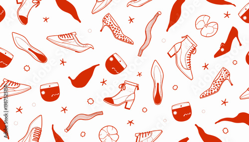 Seamless Pattern of Red Fashion Shoes and Abstract Elements on White Background for Creative Design