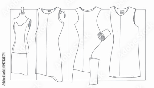 Detailed fashion illustration featuring different dress patterns, showcasing the process of garment design and construction with precise tailoring techniques