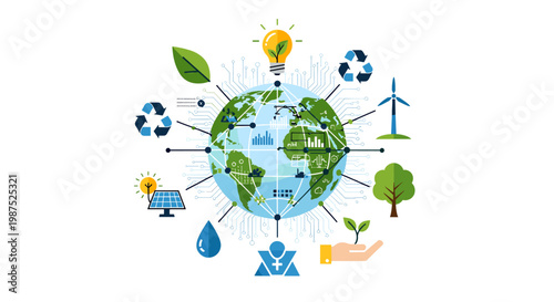 Illustration of Earth surrounded by icons representing renewable energy, sustainability, and environmental conservation efforts.