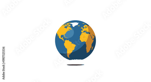 A vibrant, stylized illustration of planet Earth, showcasing continents in warm yellow and oceans in deep blue, with a subtle shadow beneath.