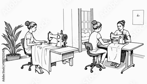 Illustration of two women using sewing machines in a workshop setting focused on textile creation and garment production with attention to detail and craftsmanship