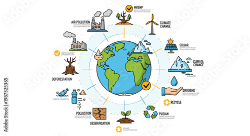 An infographic illustrating the interconnected environmental challenges and solutions facing our planet, from pollution and deforestation to renewable energy and conservation efforts.