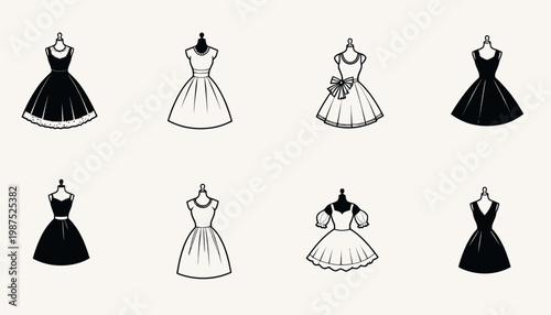 Illustrative Collection of Elegant Vintage and Modern Dress Designs Displayed on Mannequins in Various Silhouettes and Styles