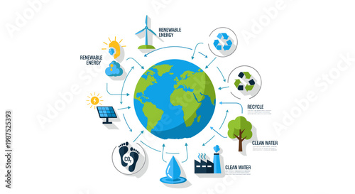 A visual representation of environmental sustainability, showcasing renewable energy sources, recycling, clean water, and the concept of a carbon footprint around the globe.