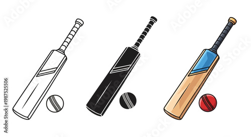 Three cricket bats and balls in varying styles and colors